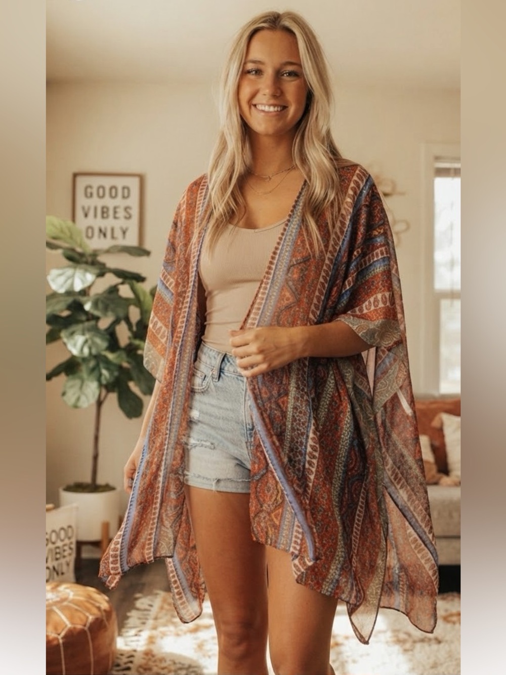 $78 democracy boho western flowy kimono cardigan duster OS